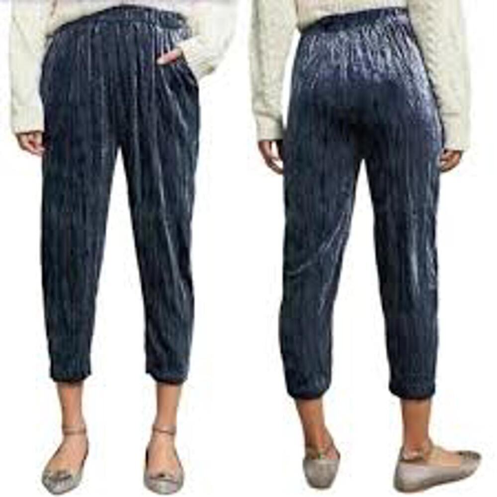Anthropologie Ett:twa Shiny Blue Crushed Velvet Cropped Pants Pleated Boho Glam